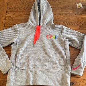Nike Gray Quilted Hoodie with Neon Coral Drawstrings and Pink Swoosh